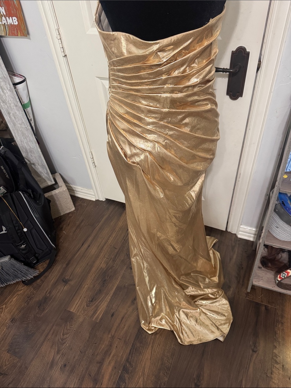 Strapless Gold Ruched Evening Gown - Picture 2 of 2